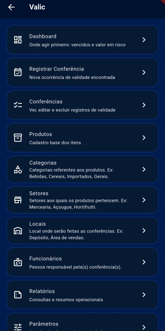 Menu do Valic